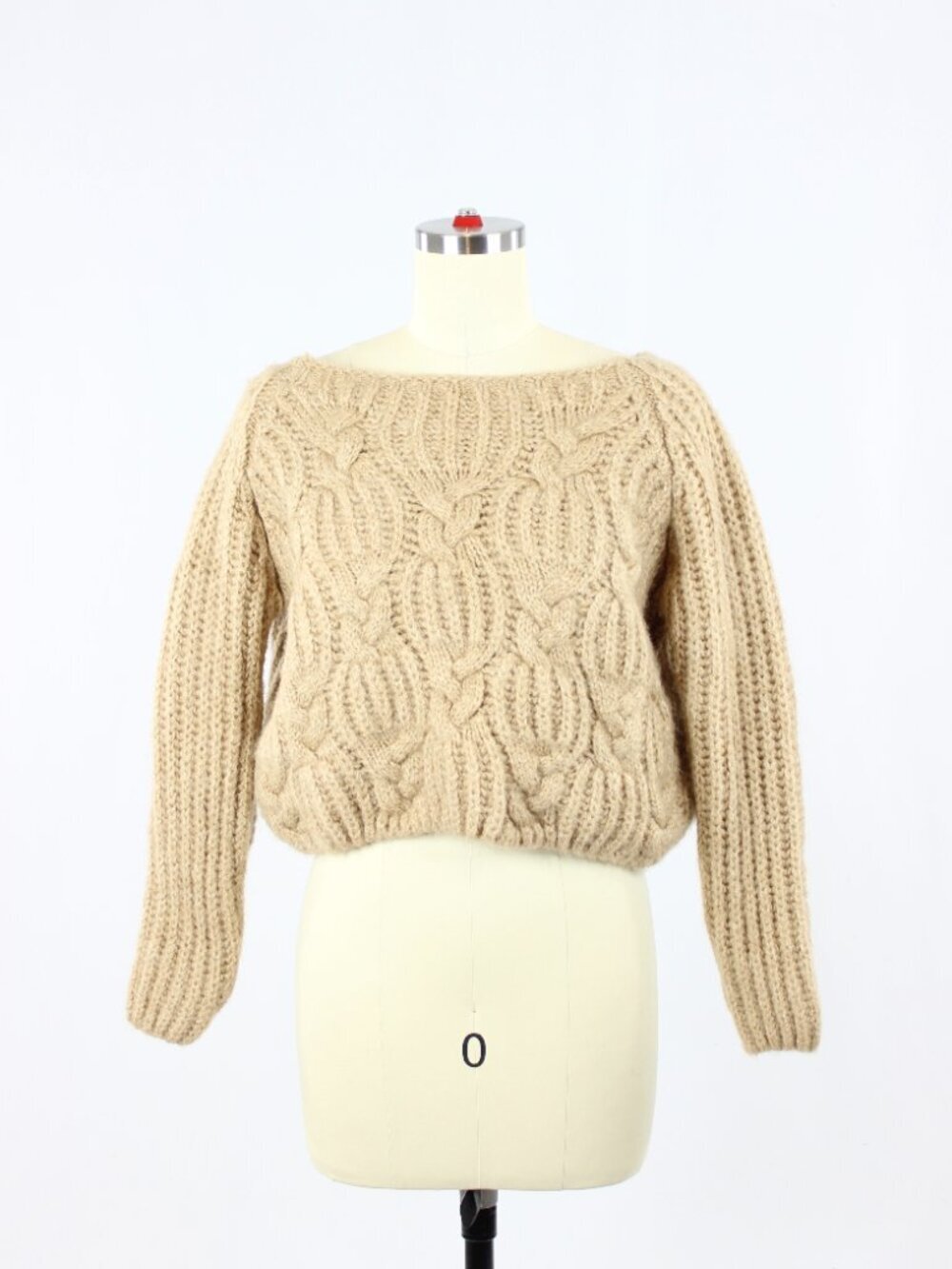 MICHAEL TYLER Tan Wool Cashmere Cable Knit Cropped Boat Neck Sweater, Size S